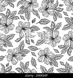 FIORI MONOCROMATICI Hibiscus con foglie disegno a mano schizzo su sfondo bianco in cinese e giapponese stili Cartoon senza cuciture modello Vector Illustrat Illustrazione Vettoriale