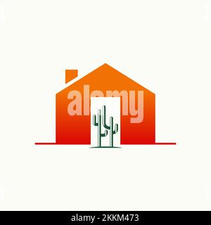 cactus sulla casa di fronte casa e porta immagine grafica icona logo design astratto concetto vettore stock. Può essere utilizzato come simbolo relativo alla botanica o alla proprietà Illustrazione Vettoriale