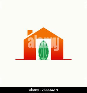 Cactus semplice ed unico sulla casa anteriore o sulla porta immagine grafica icona logo design astratto concetto stock vettoriale. relativo alla botanica o alla proprietà Illustrazione Vettoriale