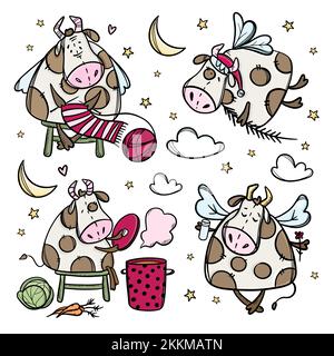 PERSONAGGI DELLA MUCCA DI CAPODANNO quattro tori di Natale preparazione per Merry Natale Inverno Vacanza Cartoon disegnata a mano Hygge clip Art Vector Illustration Set Illustrazione Vettoriale