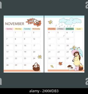 NOVEMBRE PLANNER 2021 Calendario mensile pagina stampabile modello programma con la ragazza sotto ombrello e cestino di frutta e funghi Cartoon Vector ill Illustrazione Vettoriale