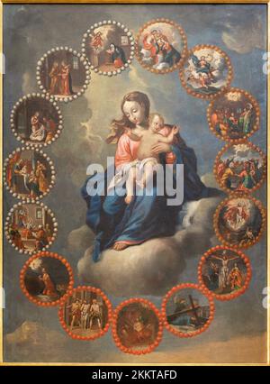 CHAMONIX, FRANCIA - 5 LUGLIO 2022: Il dipinto di Madonna e misteri del Rosario nella chiesa di San Michele da artista sconosciuto del 19. Cent. Foto Stock