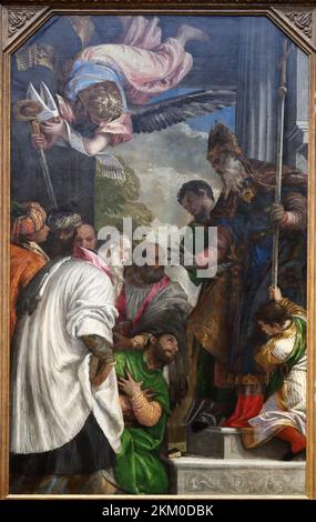 La Consacrazione di San Nicola da parte del pittore rinascimentale italiano Paolo Veronese alla National Gallery, Londra, Regno Unito Foto Stock