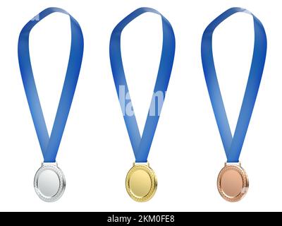 Set di medaglie d'oro, d'argento e di bronzo, isolate su sfondo bianco Foto Stock