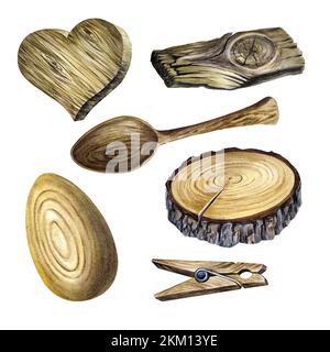 Set per lavorazione legno, vecchia tavola di legno e taglio tondo del legno. Illustrazione acquerello isolata su sfondo bianco. per soluzioni di progettazione. Struttura naturale. Foto Stock