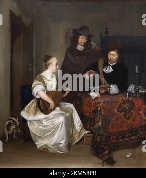 Una donna che suona un liuto a due uomini dal pittore olandese della Golden Age Gerard ter Borch alla National Gallery, Londra, Regno Unito Foto Stock