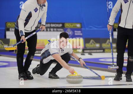 Hammy McMillan scozzese durante la partita di medaglia d'oro maschile tra Scozia e Svizzera ai Campionati europei di curling svoltasi all'Ostersund Arena, Foto Stock