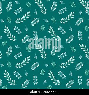 Motivo acquerello con foglie verdi su sfondo scuro. Design per tessuti e stampa su carta. Pattern senza giunture con foglie e branche diverse Foto Stock