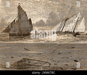 Incisione del 19th° secolo dei pescherecci da traino britannici e delle loro reti Foto Stock