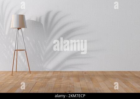 Loft confortevole e decorativo con due letti, soggiorno, camera da letto e lampada da pavimento per ufficio con ombra e gamba in legno in Abstract stanza vuota estrema primo piano. rendering 3D Foto Stock