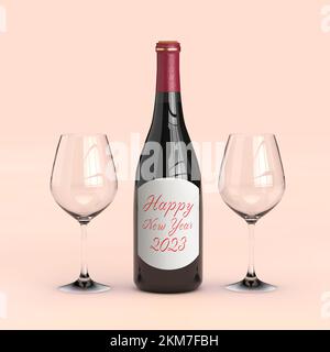 Due bicchieri da vino e bottiglia di vino rosso con cartello Happy New Year 2023 su sfondo rosa. rendering 3D Foto Stock