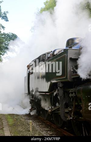 Vapore che fuoriesce dalla locomotiva cisterna BR classe standard 4 n. 80136 a Goathland, mentre l'equipaggio guarda avanti. Foto Stock