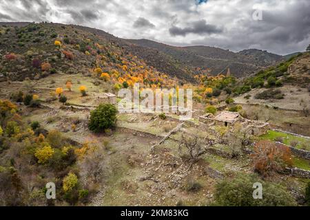 Veduta aerea di edifici in pietra a Maltiola, vicino al col de San Colombano in Corsica, circondato da alberi autunnali Foto Stock