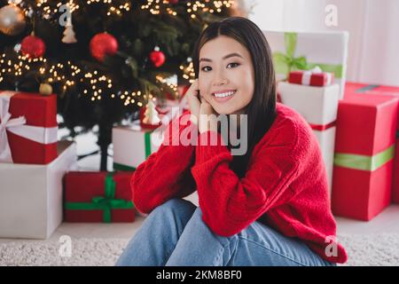 Foto di ragazza dolce da sogno indossare Natale rosso pullover seduta sotto noel pino abete eccitante ottenere regali in casa stanza Foto Stock