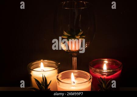 foto succulente in un bicchiere su sfondo nero e tre candele accese Foto Stock