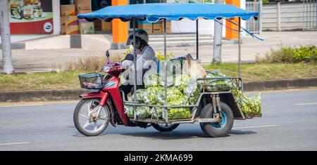 Una donna guida una moto con un sidecar caricato con sacchetti di plastica pieno di cetrioli, Thailandia Foto Stock