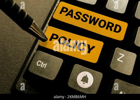 Firma di scrittura a mano Password Policy. Panoramica aziendale prima linea di protezione contro qualsiasi accesso non autorizzato Foto Stock