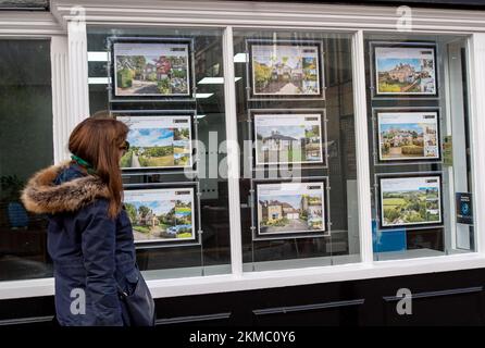 Tunbridge Wells, Kent, Regno Unito. 26th Novembre 2022. Una donna guarda nella finestra di un agente immobiliare a Royal Tunbridge Wells. Mentre il costo della crisi continua, si prevede che i prezzi delle case scenderanno il prossimo anno del 4,7%. Credit: Maureen McLean/Alamy Live News Foto Stock