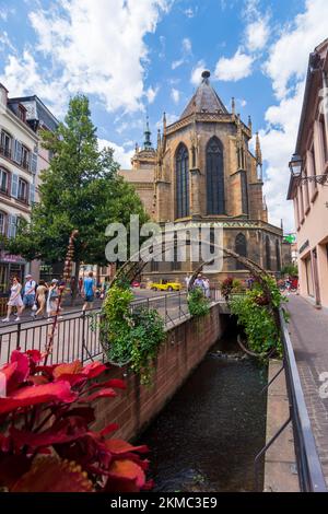 Colmar (Colmer, Kolmar) : la collégiale Saint-Martin (chiesa collegiata di Saint-Martin) nel centro storico, Rue de l'Eglise, torrente Mühlbach in Alsazia (e Foto Stock