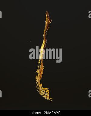 Uno scatto verticale di un'illustrazione 3D di una mappa dorata del Cile su uno sfondo nero Foto Stock