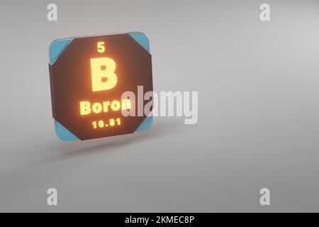 Belle illustrazioni astratte in piedi nero e fuoco Boron B 5 elemento della tavola periodica. Design moderno con elementi dorati, rendering 3D Foto Stock