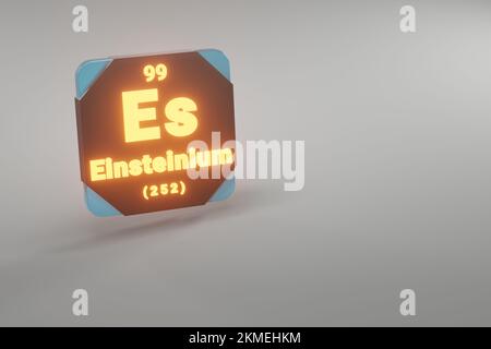 Belle illustrazioni astratte in piedi nero e fuoco Einsteinium elemento della tavola periodica. Design moderno con elementi dorati, rendering 3D Foto Stock