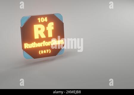 Belle illustrazioni astratte in piedi nero e fuoco rutherfordium elemento della tavola periodica. Design moderno con elementi dorati, renderin 3D Foto Stock
