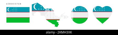 Icona bandiera Uzbekistan impostata. Pennant uzbeko nei colori e nelle proporzioni ufficiali. Rettangolare, a forma di mappa, circolare e a forma di cuore. Isolat. Illustrazione piatta Foto Stock