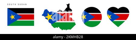 Icona della bandiera del Sudan meridionale impostata. Pennant sudanese nei colori e nelle proporzioni ufficiali. Rettangolare, a forma di mappa, circolare e a forma di cuore. Illustrazione piatta Foto Stock