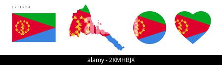 Icona bandiera Eritrea impostata. Pennant eritreo in colori e proporzioni ufficiali. Rettangolare, a forma di mappa, circolare e a forma di cuore. Isolat. Illustrazione piatta Foto Stock