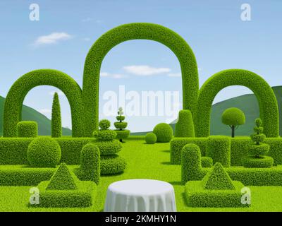 Giardino astratto - 3D illustrazione geometrica. Sfondo con podio e spazio libero al centro Foto Stock