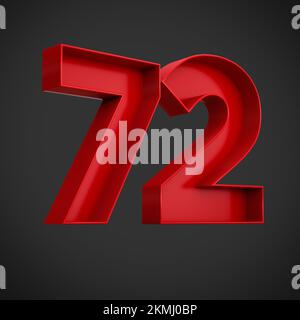 Un rendering 3D del numero settantadue in rosso sullo sfondo nero - icona 72 Foto Stock