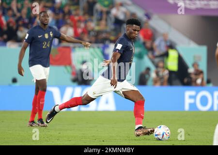 Aurelien Tchouameni di Francia durante la Coppa del mondo FIFA 2022, partita di calcio di Gruppo D tra Francia e Danimarca il 26 novembre 2022 allo Stadio 974 di Doha, Qatar - Foto: Jean Catuffe/DPPI/LiveMedia Foto Stock