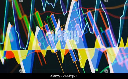 Analisi statica finanziaria con grafici finanziari in crescita. Commercio in linea, investimento, piano di mercato di strategia e concetto delle fluttuazioni di mercato di riserva. Foto Stock