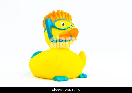 Giocattolo galleggiante d'anatra con snorkeling e pinne Foto Stock
