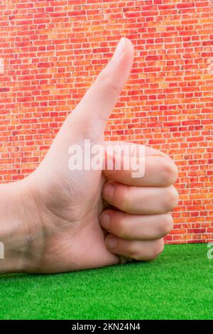 Pollice su su su uno sfondo di parete di mattone Foto Stock