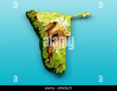Un rendering 3D di una mappa di altezza della Namibia con rilievo ombreggiato isolato su sfondo blu Foto Stock