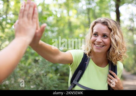 coppia che fa una stretta di mano insieme al parco Foto Stock