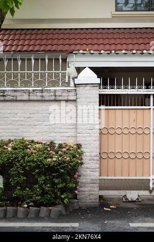 Un colpo verticale di un arbusto verde di fiori che crescono vicino ad un cancello di una casa Foto Stock