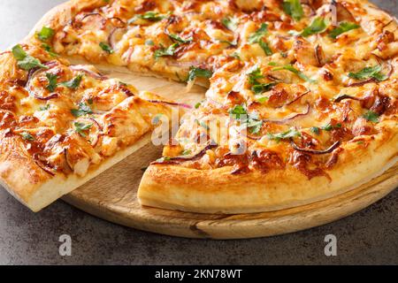 Pizza di pollo alla griglia con salsa barbecue, mozzarella, pollo, cipolle rosse e coriandolo su una perfetta crosta di pizza fatta in casa sul bordo di legno o Foto Stock