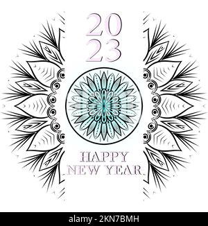 Felice anno nuovo 2023 scheda o poster con arte mandala isolato su uno sfondo bianco, modello floreale mandala con nuovo anno 2023 poster per la celebrazione Foto Stock