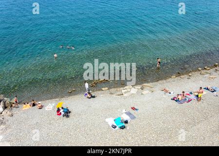 Spiaggia di Plaza Piran, Piran (Pirano), Istria slovena, Slovenia Foto Stock