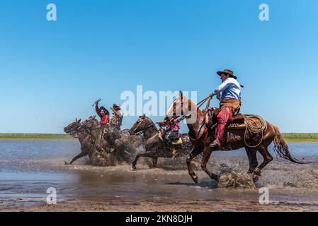 Esquina, Corrientes, Argentina - 29 ottobre 2022: Vista laterale di cinque gauchos argentini che cavalcano i loro cavalli attraverso il fiume. Foto Stock