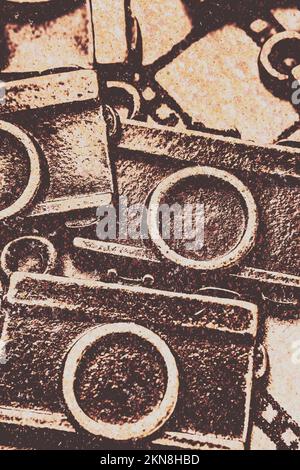 Grafica rustica e resistente alle intemperie su una macro di fotocamere elementari in stile textured. fotocamere brownie 50 Foto Stock