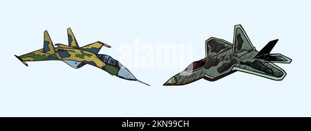 Aeroplano militare su e Raptor, disegno a mano doodle, illustrazione a colori isolata Foto Stock