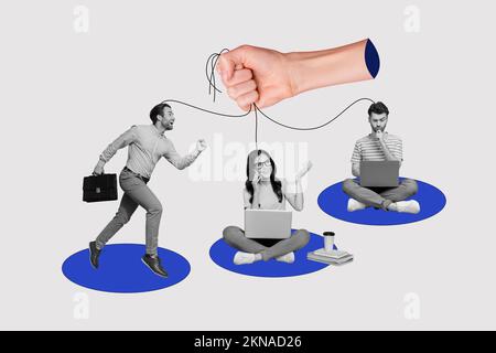 Immagine collage creativa di braccio tenere stringa mini burattini persone nero effetto bianco utilizzare netbook parlare telefono lavoro Foto Stock