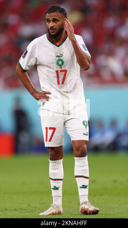 Doha, Qatar, 27th novembre 2022. Sofiane Boufal del Marocco durante la partita della Coppa del mondo FIFA 2022 allo stadio al Thumama di Doha. Il credito di foto dovrebbe essere: David Klein / Sportimage Foto Stock