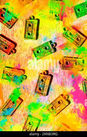 Musica creativa in una scena visiva di colori su cassette pensili Foto Stock