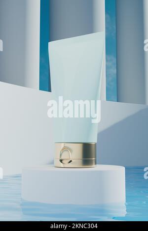 Beffa di un tubetto di crema sul podio con acqua 3D Foto Stock