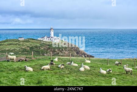 Fanad Head Lighthouse con le sue ruvide scogliere nella parte settentrionale della Repubblica d'Irlanda Foto Stock